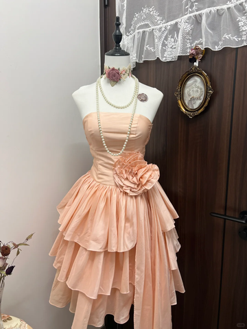 Cute Vintage A Line Strapless Layered Flower Coral Sands Satin Short Homecoming Dress Cocktail Dress HZ1023